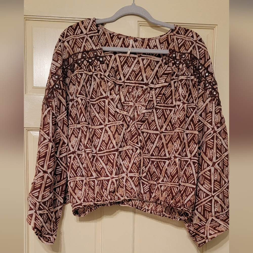 Free People Geometric Print Blouse in Brown and Cream SIZE XL